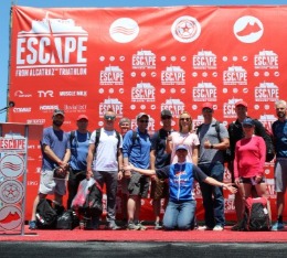 Group pictures of Hypercat athletes on stage at Escape from Alcatraz triathlon