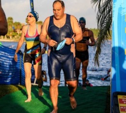 Jason finishes the swim leg of the aquathlon