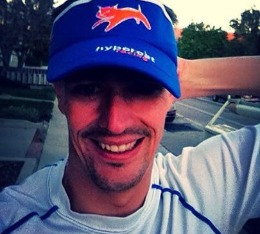 A happy man models the Hypercat Racing visor.